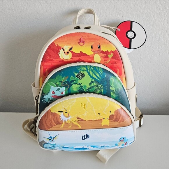 NWT Loungefly x Pokémon | Elements Triple Pocket Starters Colorful Mini Backpack - Picture 1 of 12